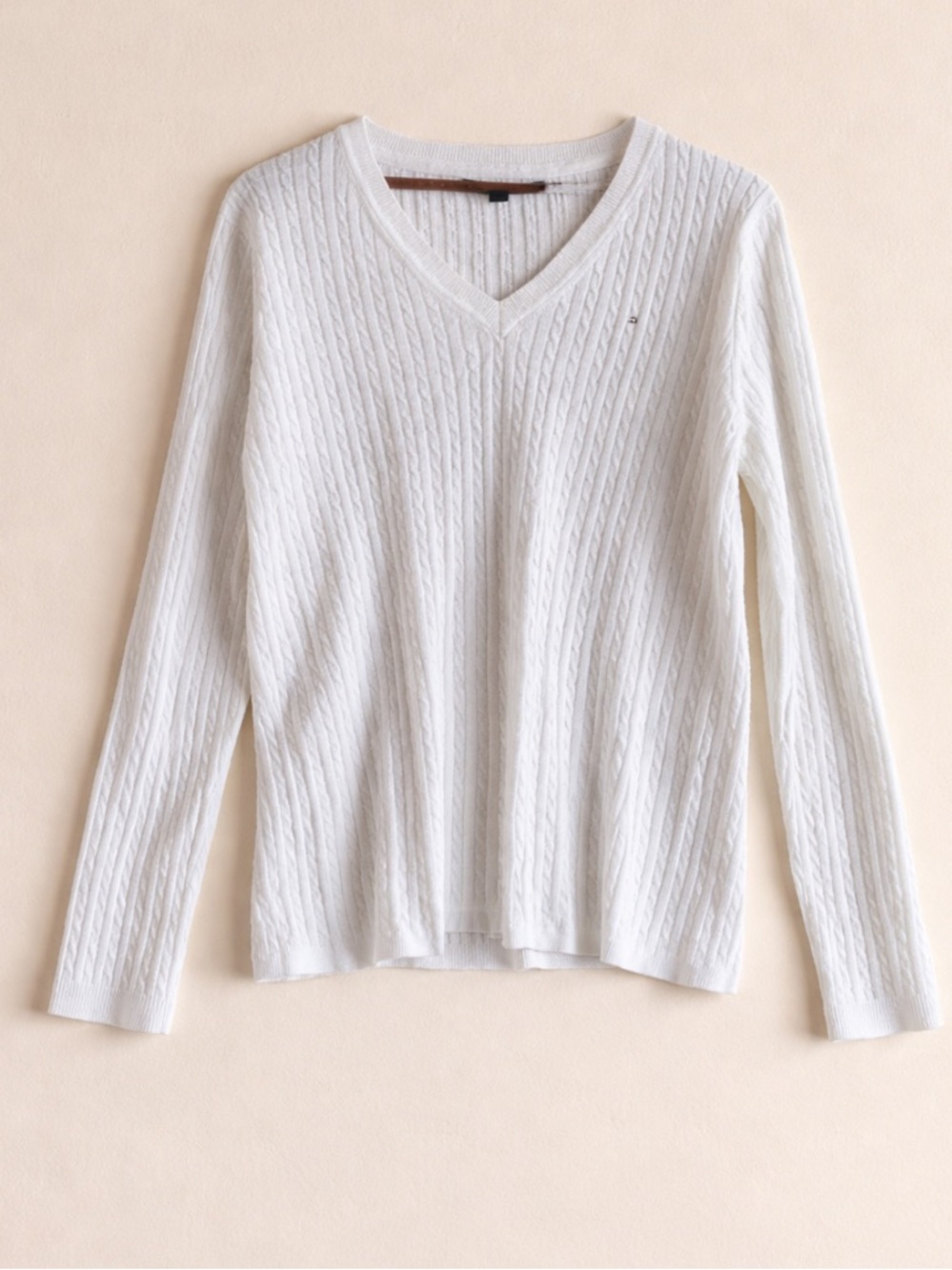 Tommy Hilfiger Cable Knit V-Neck Sweater XL White Classic Preppy Long Sleeve